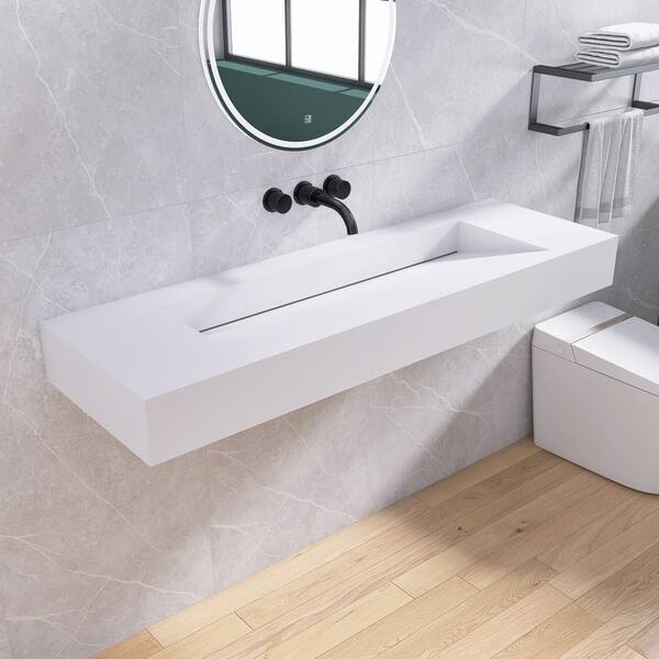 MEDUNJESS 60 in. White Solid Surface Wall-Mounted Bathroom Vessel Sink ...