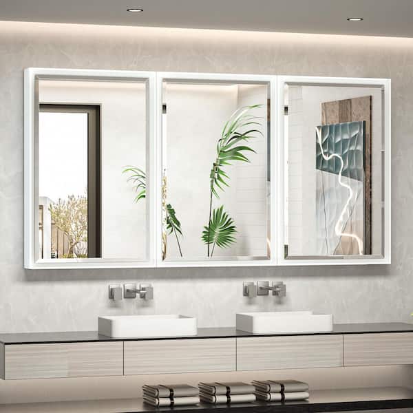 60 in. W x 30 in. H Rectangular White Metal Framed Beveled Surface Mount/Recessed Medicine Cabinet with Mirror