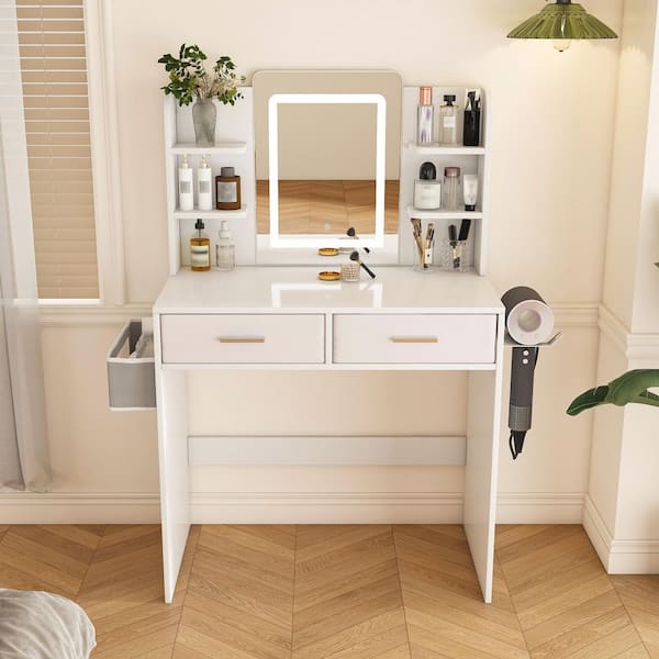 White Makeup Vanity Table with LED Mirror,3-Color Adjustable Light Strips,Drawers,Hair Dryer Stand,Non-Woven Storage Bag