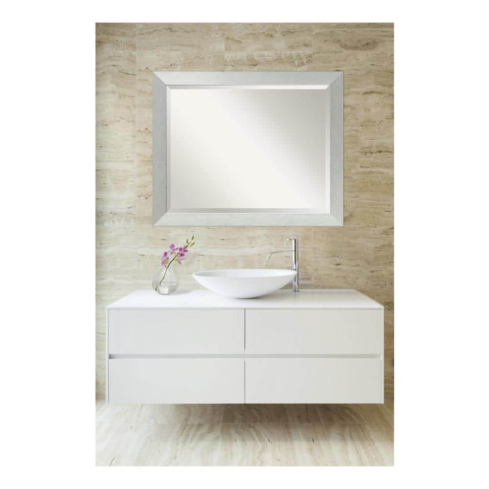 Elegant Brushed Sterling Silver Rectangular Wood Vanity Mirror