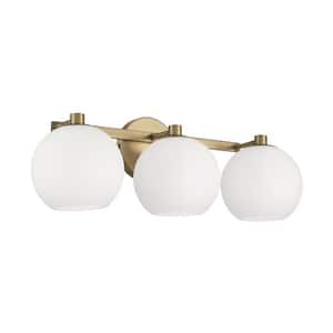 22.75 in. W x 8 in. H 3-Light Circular Globe Vanity Light in Aged Brass with Soft White Glass