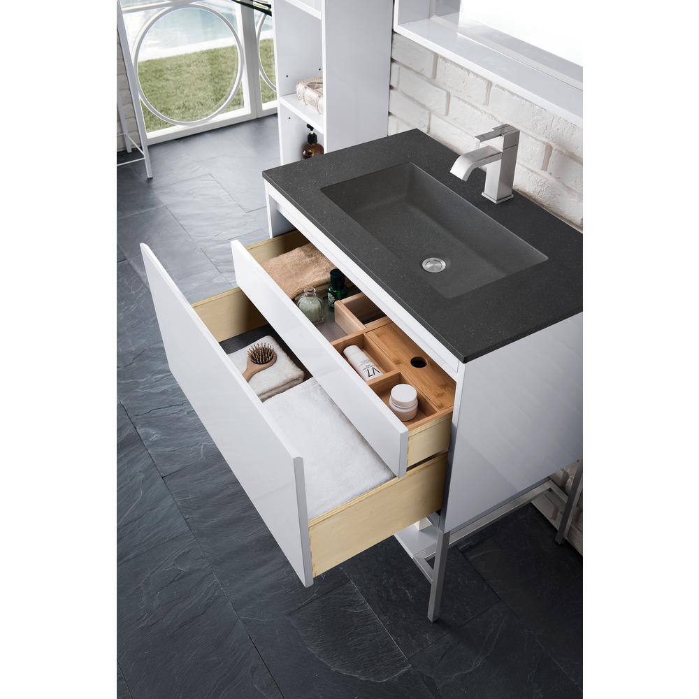 Glossy White and Brushed Nickel Freestanding Single Vanity Base Cabinet