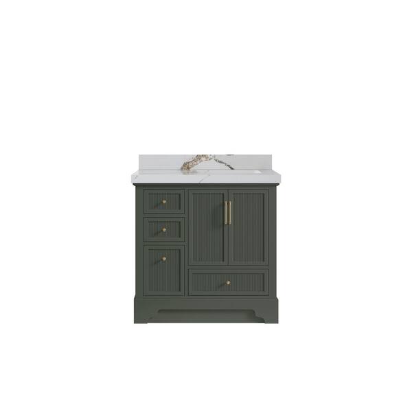 Willow Collections Alys 36 in. W x 22 in. D x 36 in. H Right Offset Sink Bath Vanity in Pewter Green with 2" Calacatta Gold Top