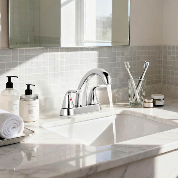 4 in. Centerset Double Handle Mid Arc Bathroom Faucet with Drain Kit Included in Polished Chrome