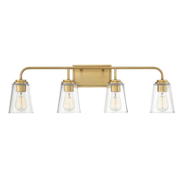 Savoy House 32 in. W x 9.75 in. H 4-Light Natural Brass Bathroom Vanity Light with Clear Glass Shades
