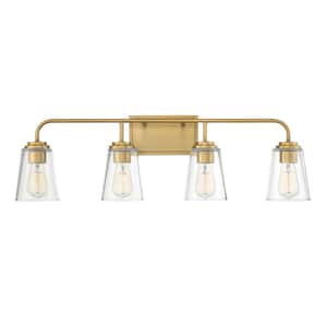 32 in. W x 9.75 in. H 4-Light Natural Brass Bathroom Vanity Light with Clear Glass Shades