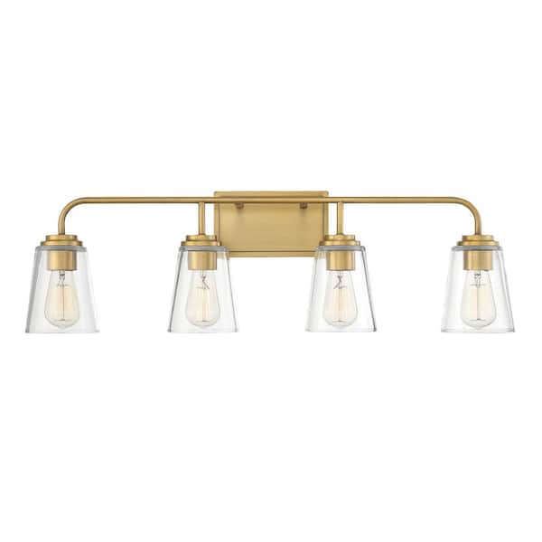 TUXEDO PARK LIGHTING 32 in. W x 9.75 in. H 4-Light Natural Brass Bathroom Vanity Light with Clear Glass Shades