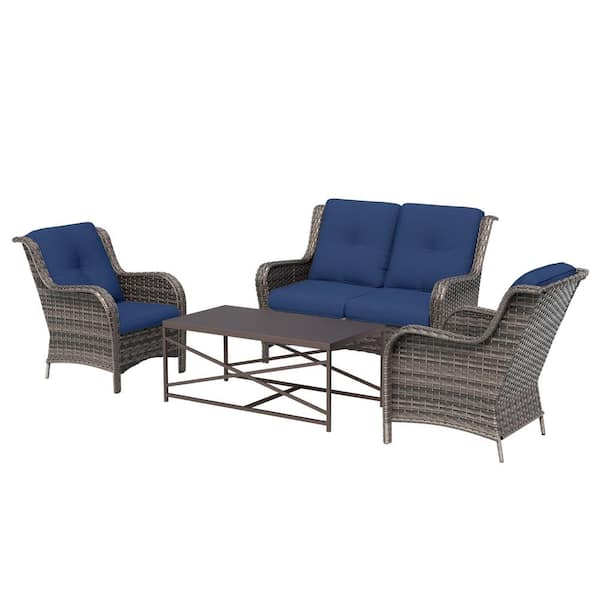 4 Pieces Conversation Patio Set, All-Weather Wicker Patio Furniture Set with Blue Cushions