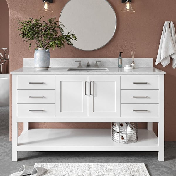 Magnolia 60 in. Single Sink Freestanding Bathroom Vanity in White with 0.75 in. Carrara White Marble Top