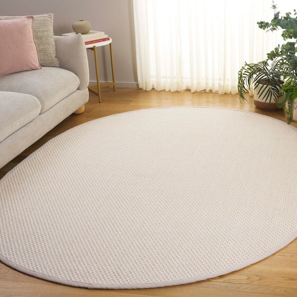 Natural Fiber 6 ft. x 8 ft. Ivory/Light Beige Solid Color Oval Area Rug