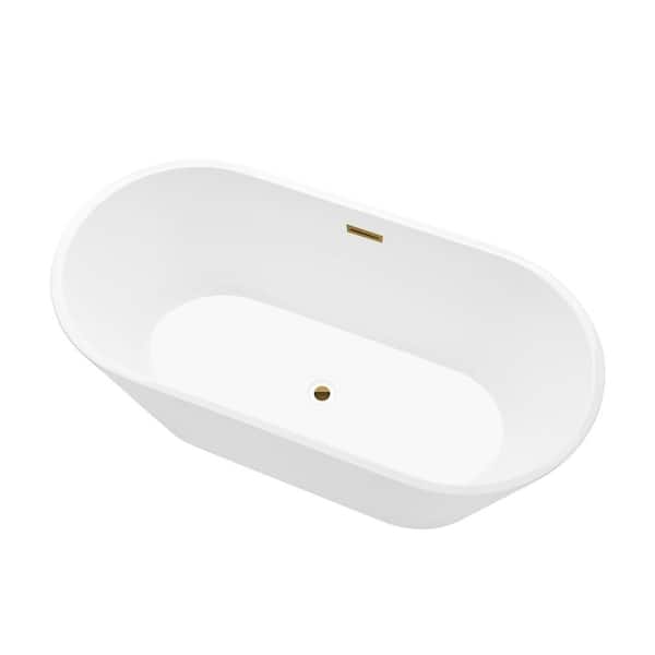 Vanity Art Domme 59 in. Acrylic Flatbottom Freestanding Non-Slip Bathtub in White/Titanium Gold