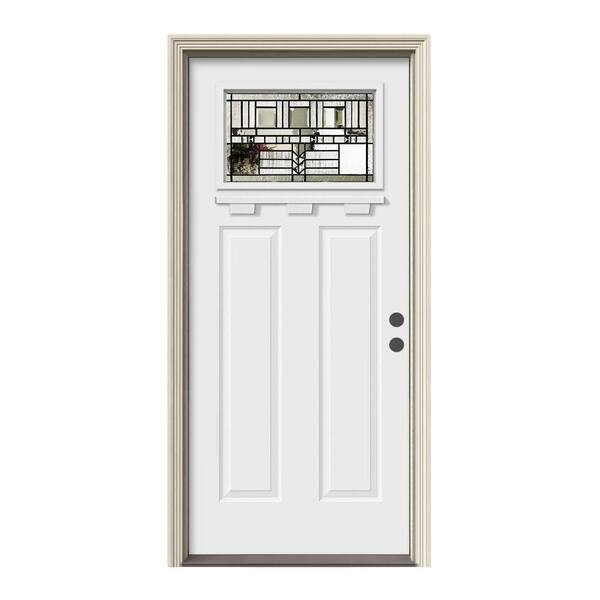JELD-WEN 36 in. x 80 in. 1 Lite Craftsman Oak Park White Painted Steel Prehung Left-Hand Front Door w/Brickmould and Shelf