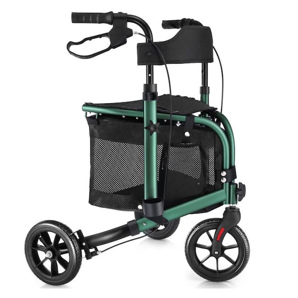 3-Wheel Rollator Walker with Seat, Lightweight Foldable Mobility Aid in Green, Adjustable Handle Height