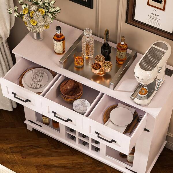FUNKOL 41.73 in. x 15.35 in. x 30.91 in.Vintage White MDF Kitchen Cabinet w/3-Drawer LED Charging Station Wine Rack & GlassDoor