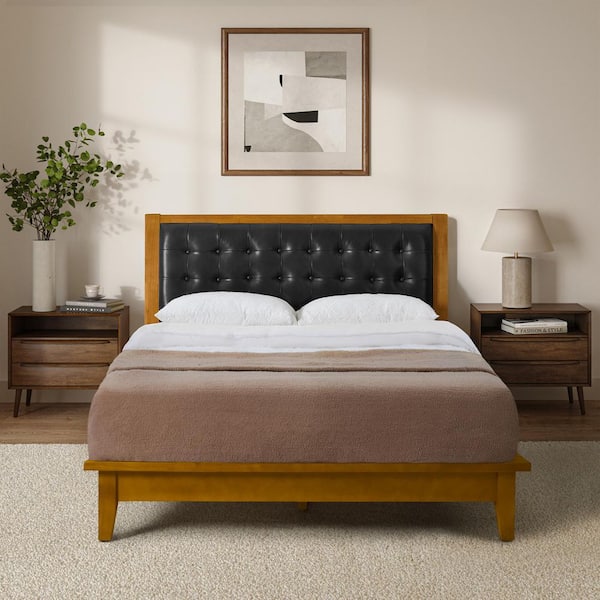 Javiera Black 62.36"W Button-tufted Genuine Leather Solid Wood Queen Size Platform Bed with Charging Port