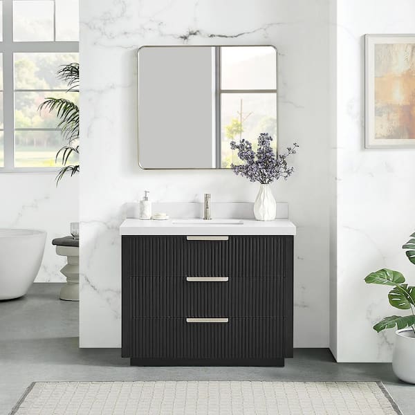 Santarem 42 in.W x 22 in.D x 34 in.H Single Sink Bath Vanity in Oak Weathered Black with Pure White Quartz Stone Top
