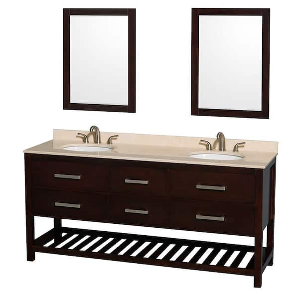 Wyndham Collection Natalie 72 in. Double Vanity in Espresso with Marble Vanity Top in Ivory, Under-Mount Oval Sinks and 24 in. Mirrors