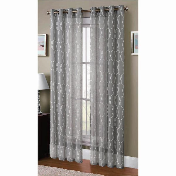 Window Elements Sheer Boho Embroidered Sheer Faux-Linen 96 in. L Extra Wide Grommet Curtain Panel Pair, Grey (Set of 2)