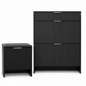 Fluted Shoe Storage Cabinet Set with Padded Shoe Bench and Gold Pulls, Black