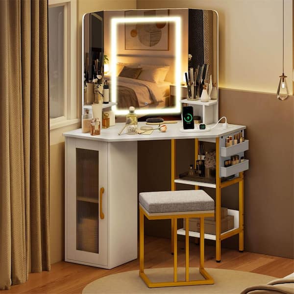 2-Piece White Makeup Corner Vanity Set with Mirror Lights Triple Mirror 3 Lighting Modes Matching Chair