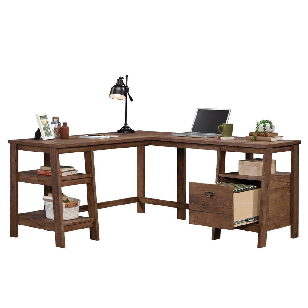 Vintage Oak L-Shaped Computer Desk with Drawer and Filing Cabinet