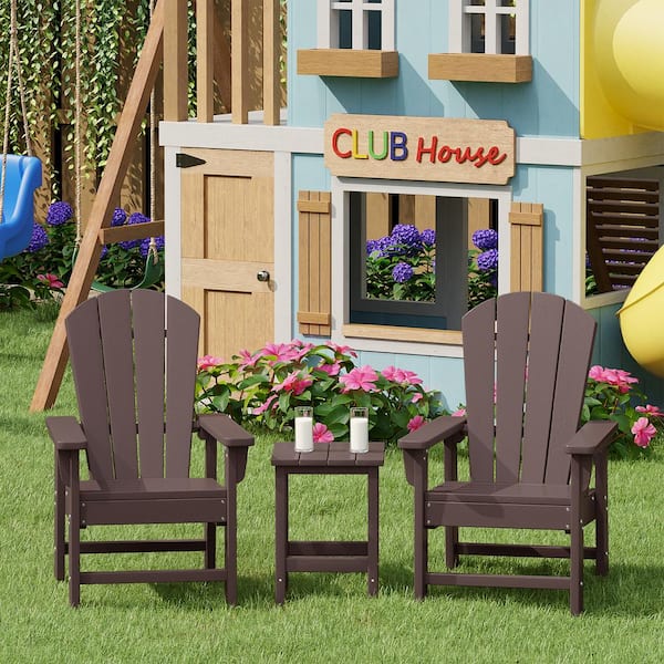 Children's Laguna Dark Brown 3-Piece Plastic Outdoor Kids Adirondack Chair With Side Table Patio Conversation Set