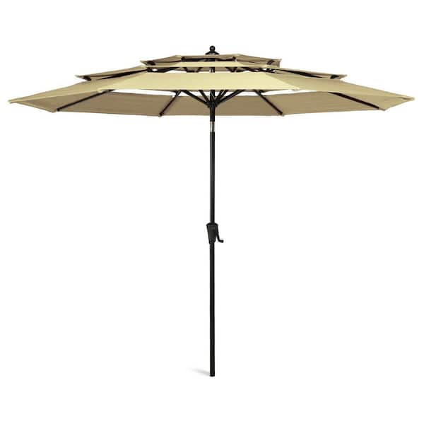 ULAX FURNITURE 10 ft. Aluminum 3-Tiers Market Patio Umbrella with Crank and Push Button Tilt in Beige