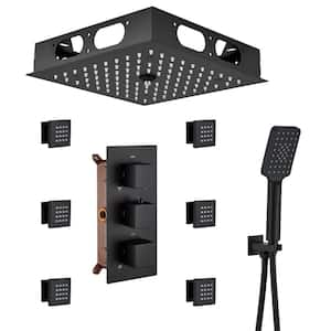 Luxury Thermostatic LED 4-Spray Patterns 12 in. Flush Ceiling Mount Rainfall Dual Shower Heads with 6-Jets in Black