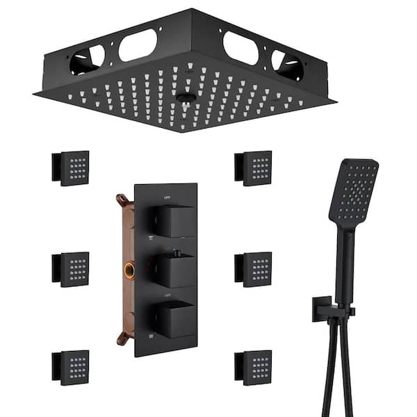 Mondawe Luxury Thermostatic LED 4-Spray Patterns 12 in. Flush Ceiling Mount Rainfall Dual Shower Heads with 6-Jets in Black