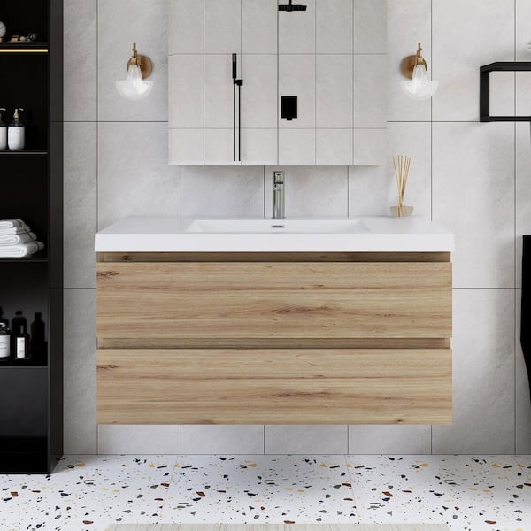 42 in. W x 19.5 in. D x 22.5 in. H Single Sink Wall-Mounted Bath Vanity in Oak with White Resin Top