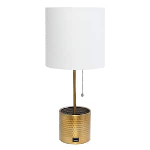 18.5 in. Gold Hammered Metal Organizer Table Lamp with USB Charging Port and Fabric Shade