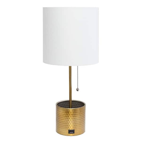 Simple Designs 18.5 in. Gold Hammered Metal Organizer Table Lamp with USB Charging Port and Fabric Shade