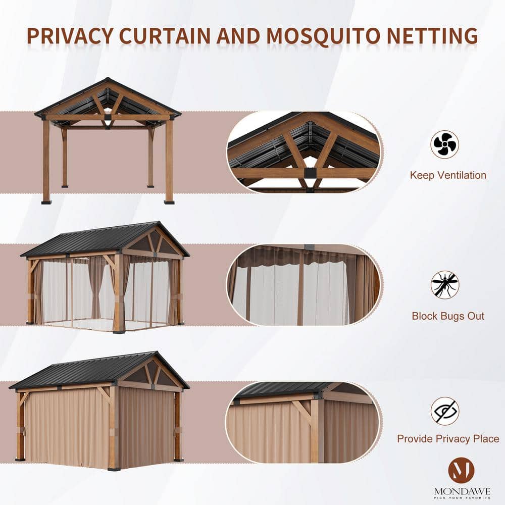 11' x 13' Brown Aluminum Patio Gazebo with Black Roof