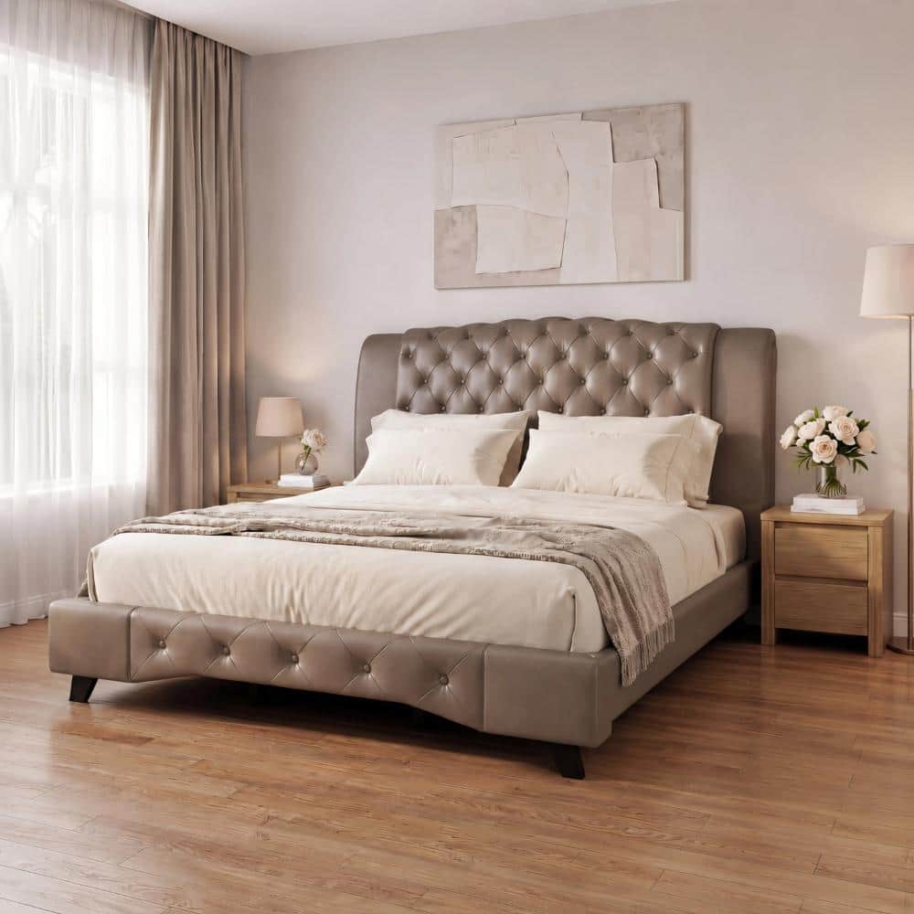 Nestfair Brown PU Upholstered Frame King Size Platform Bed with Tall Headboard