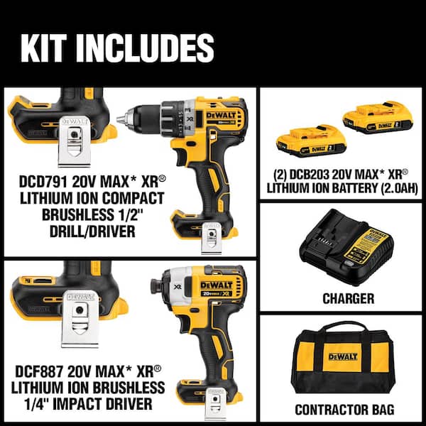 20V MAX XR Cordless Brushless Drill/Impact 2 Tool Combo Kit, 20V MAX Bluetooth Speaker, and (2) 20V 2.0Ah Batteries