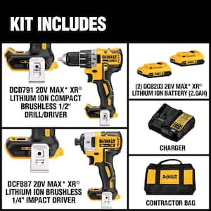 20V MAX XR Cordless Brushless Drill/Impact 2 Tool Combo Kit and (2) 20V 2.0Ah and (2) 3.0Ah Batteries
