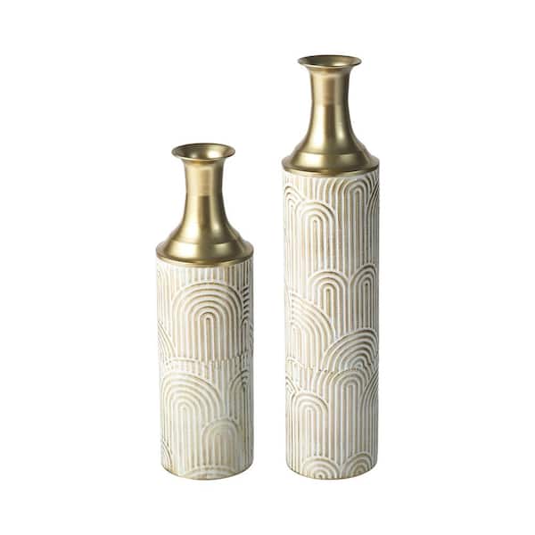 Glitzhome 26 in. H Round Modern White and Gold Metal Floor Vases (Set of 2）