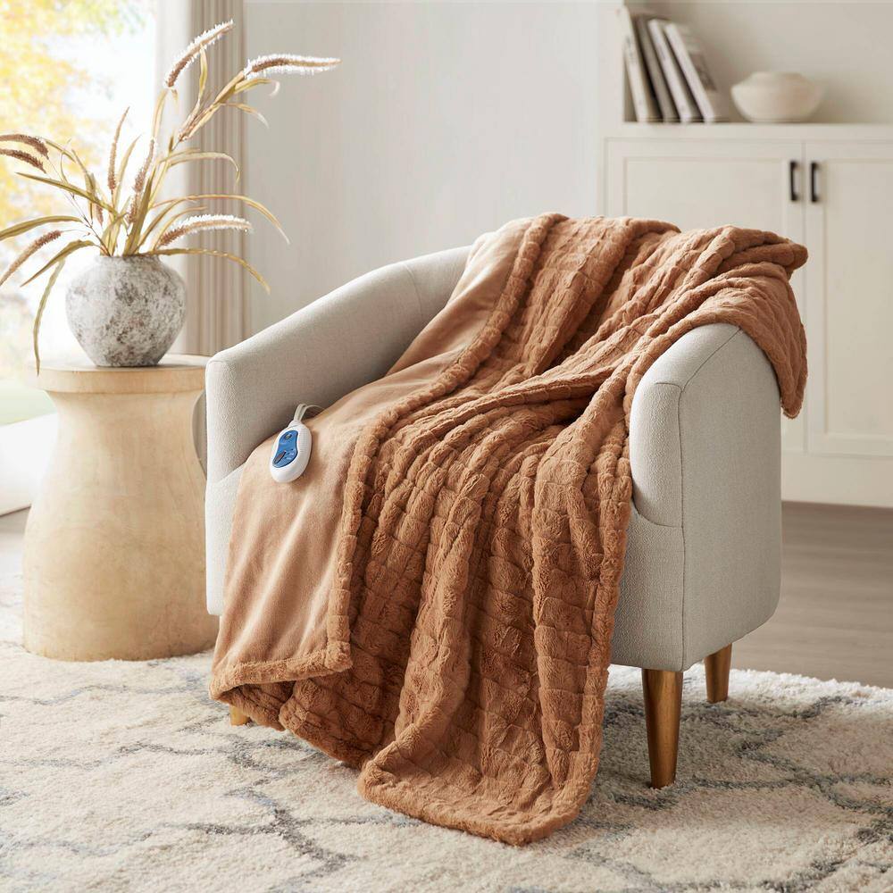 Oversized Brown Faux Fur Heated Throw with Down Alternative