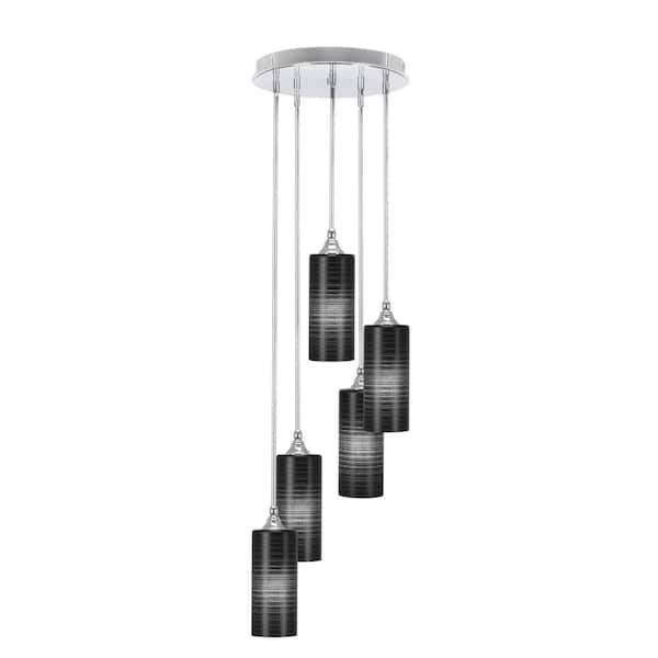 Unbranded Villa 5 Light Chrome Pendant, Cluster Pendant Light with 4 in. Black Matrix Glass Shades, No Bulbs Included