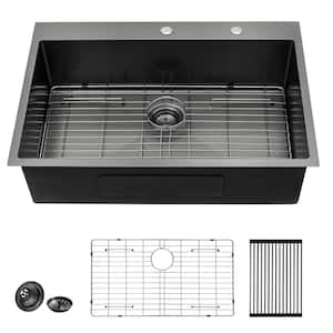 30 in. Gunmetal Black Single Stainless Steel Bowl Drop-In Kitchen Sink 16-Gauge Kitchen Sink with Bottom Grid
