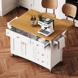 Coastal Embossed Texture White Wood 52 in. Drop Leaf Rolling Kitchen Island Carts with 2-Door and 5-Drawer