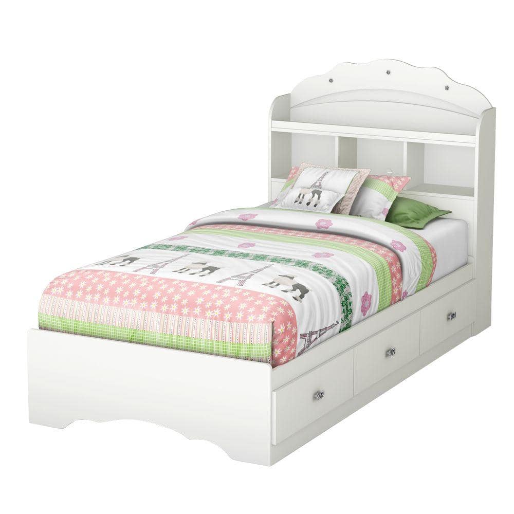 Princess Tiara Twin Platform Bed with 3 Storage Drawers in Pure White