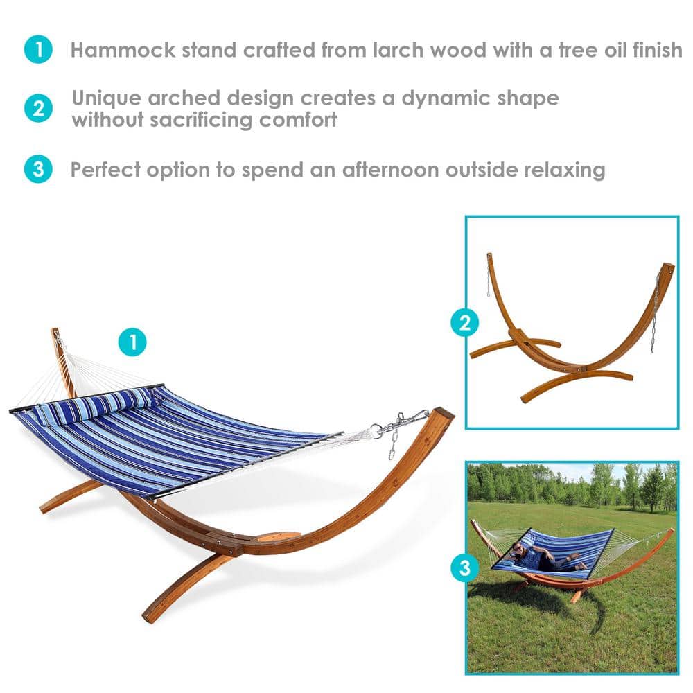 Catalina Beach Blue and Green Quilted 2-Person Hammock with Curved Wood Stand