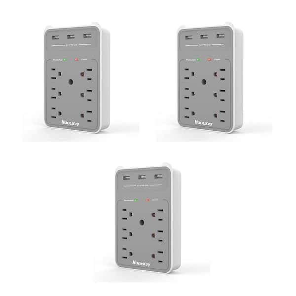 Huntkey 6-Outlet Surge Protecting Wall Outlet Extender with AC Plugs and USB Ports (3-Pack)