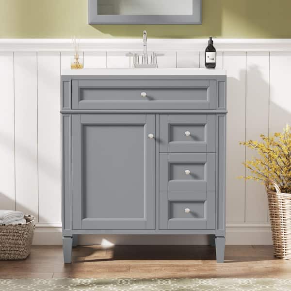 JimsMaison 30 in. W x 18 in. D x 33 in. H Single Sink Freestanding Bath Vanity in Grey with White Ceramic Top