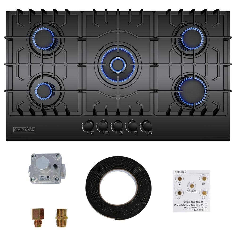 36 in. Built-In Gas Cooktop in Black with 5 Sealed Burners -  Empava, EPV-36GC27