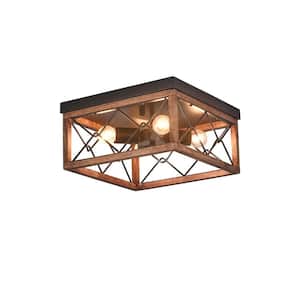 12.6 in. 4-Light Black Vintage Farmhouse Style Flush Mount Cage Ceiling Light with Wooden Shade