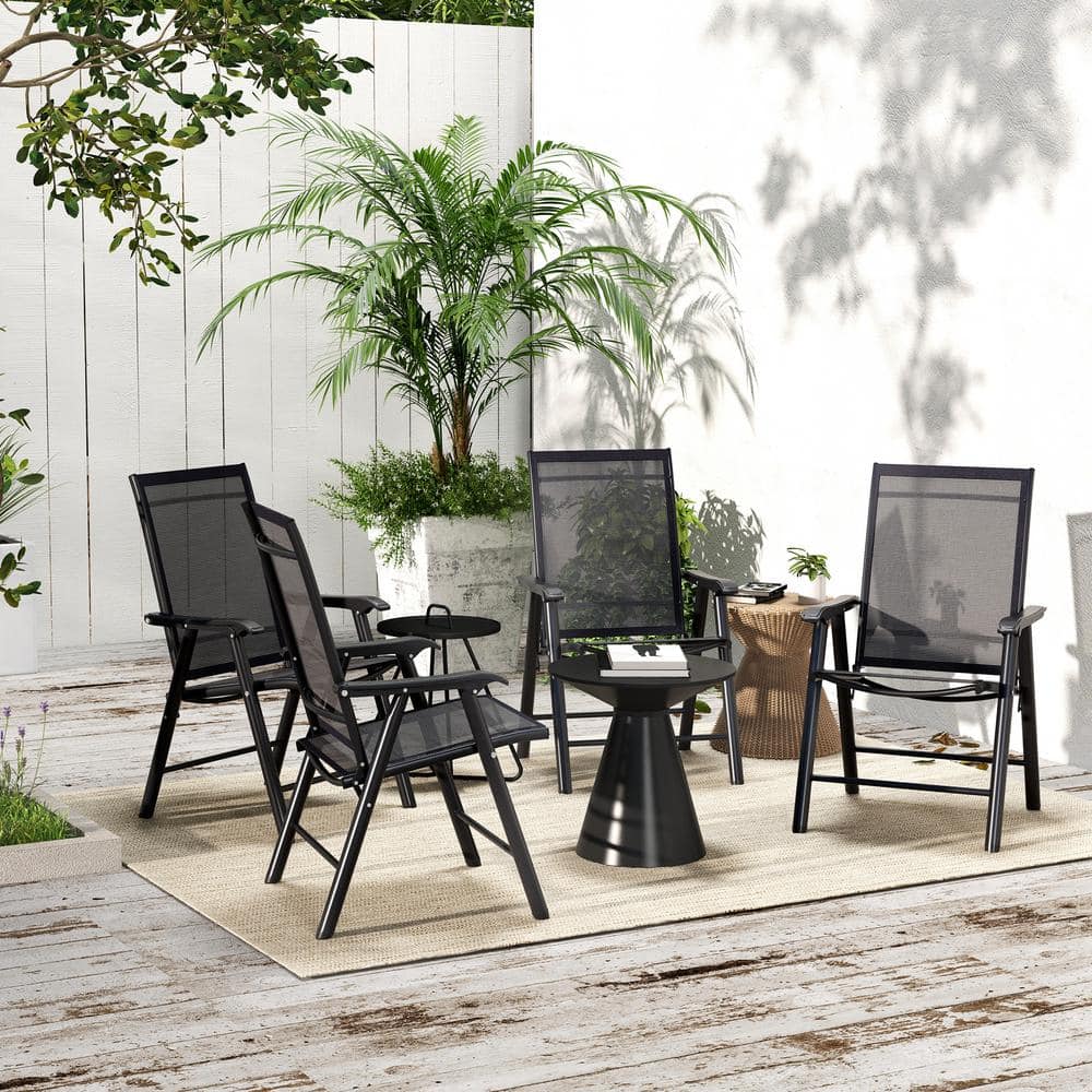 Black Metal Outdoor Dining Chair Foldable with Armrest Set of 4