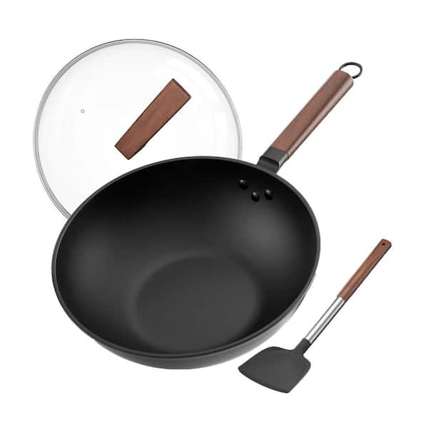 Glassy Lid 13" Carbon Steel Wok Gray Nonstick Pre-Seasoned Flat Bottom for Induction, Gas & Electric with Glass Lid