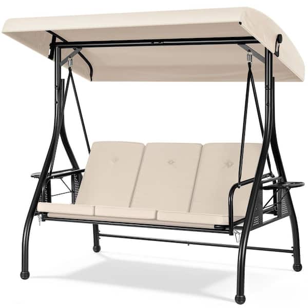 3-Person Steel Metal Outdoor Patio Swing with Canopy and Cushions
